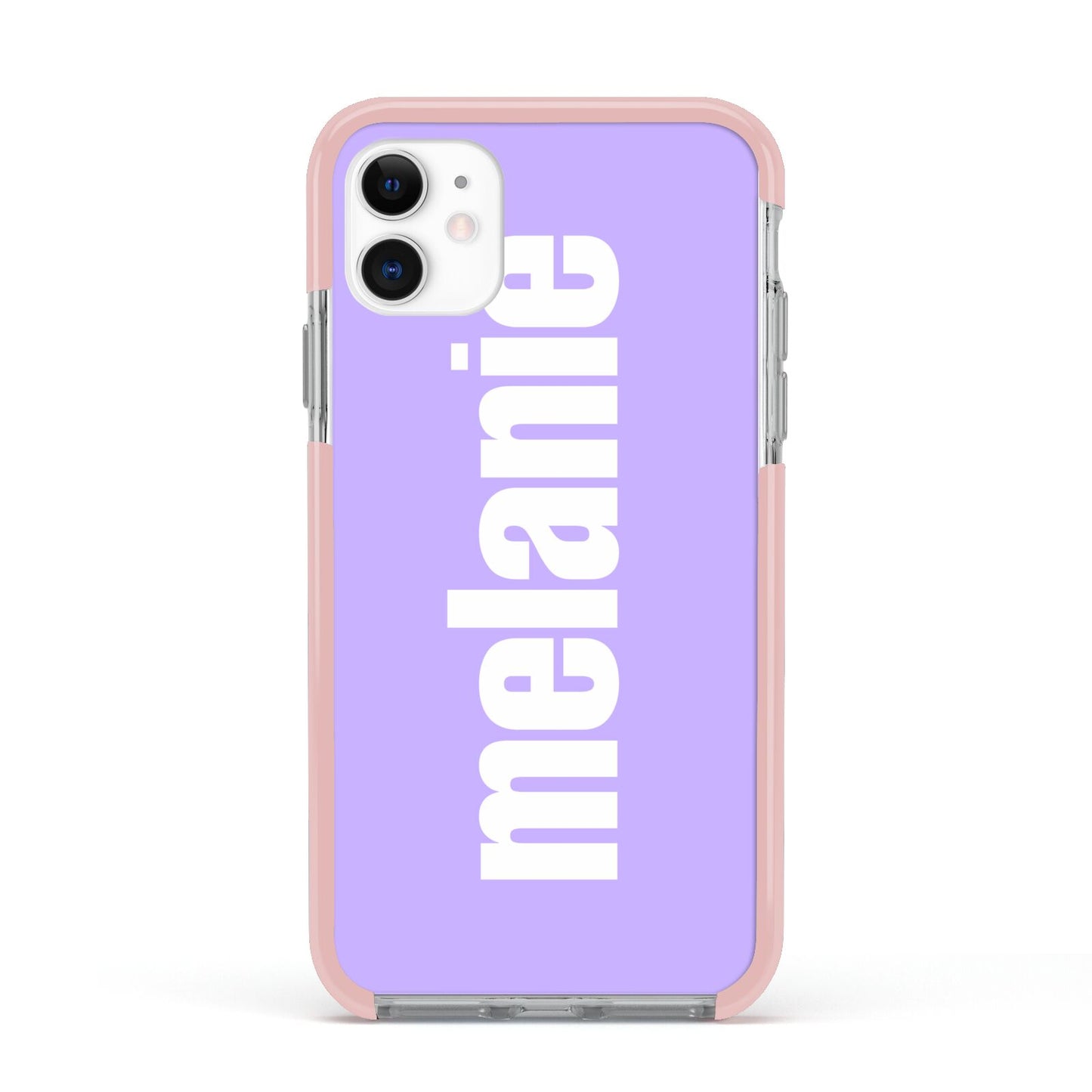 Personalised Purple Name Apple iPhone 11 in White with Pink Impact Case