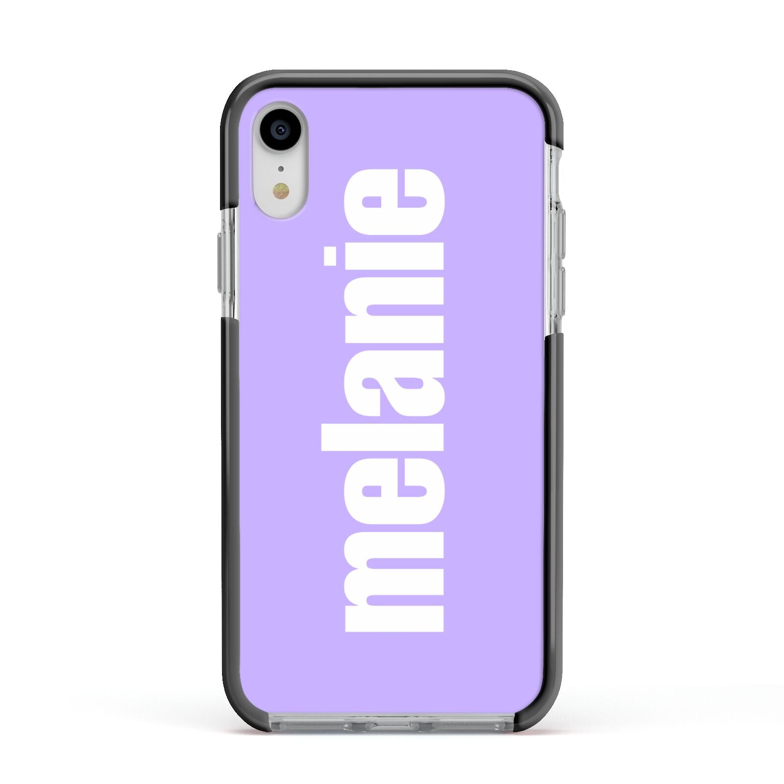 Personalised Purple Name Apple iPhone XR Impact Case Black Edge on Silver Phone