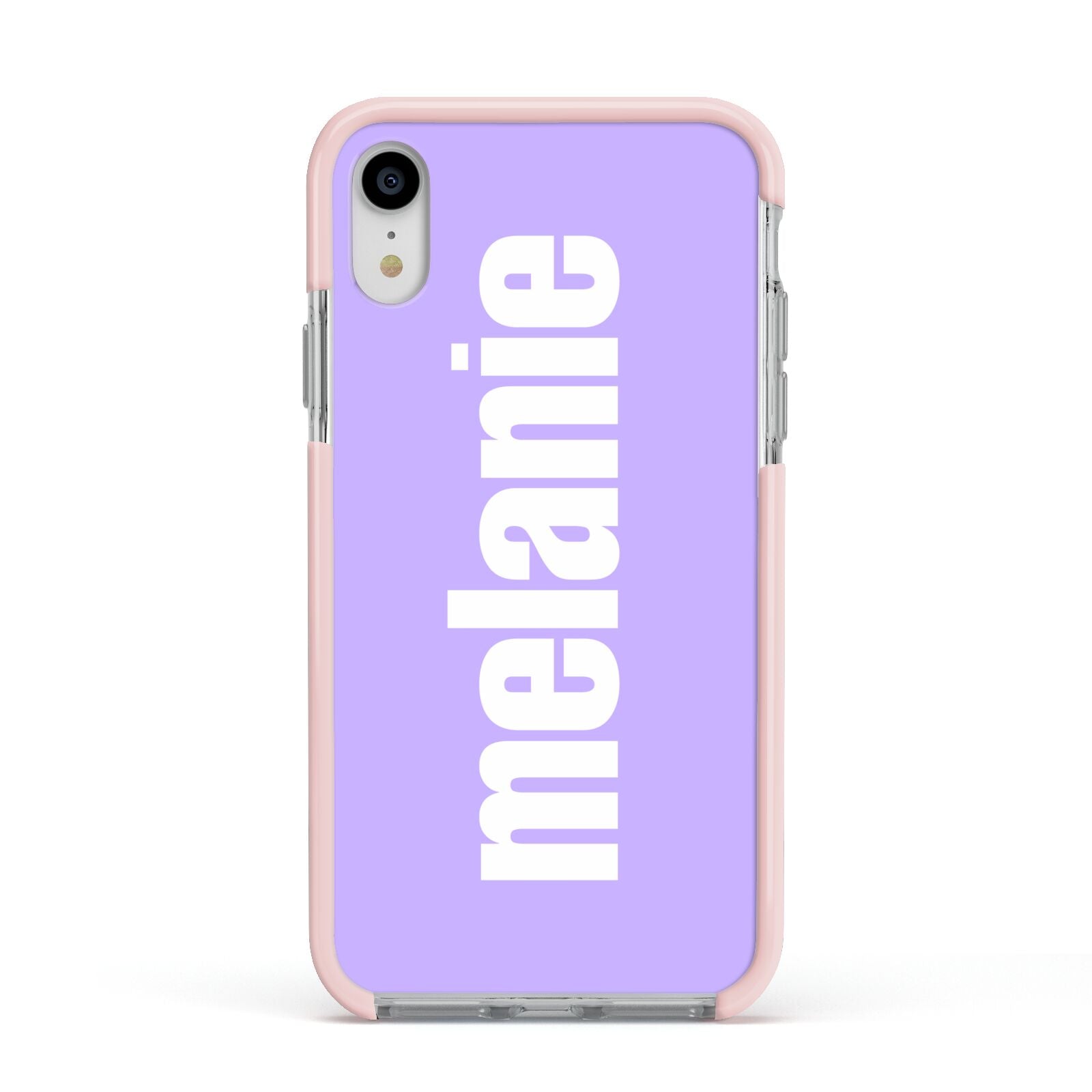 Personalised Purple Name Apple iPhone XR Impact Case Pink Edge on Silver Phone