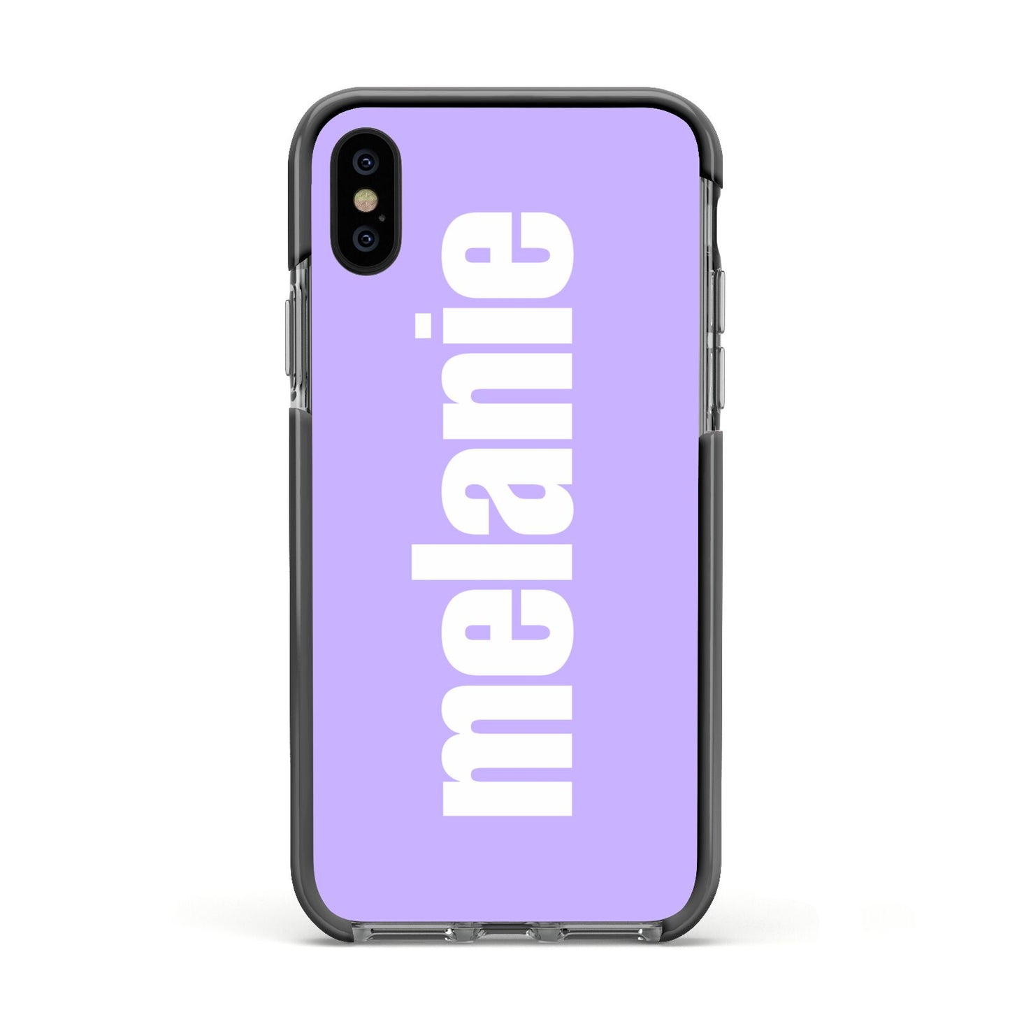 Personalised Purple Name Apple iPhone Xs Impact Case Black Edge on Black Phone