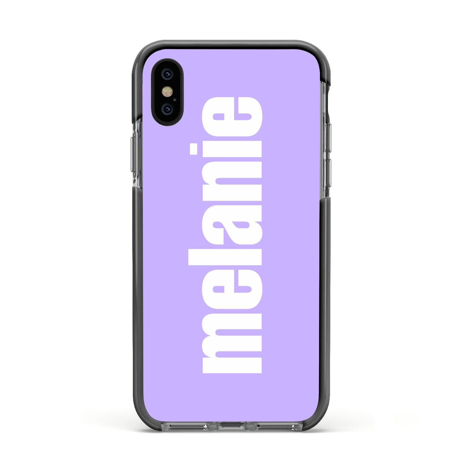 Personalised Purple Name Apple iPhone Xs Impact Case Black Edge on Black Phone