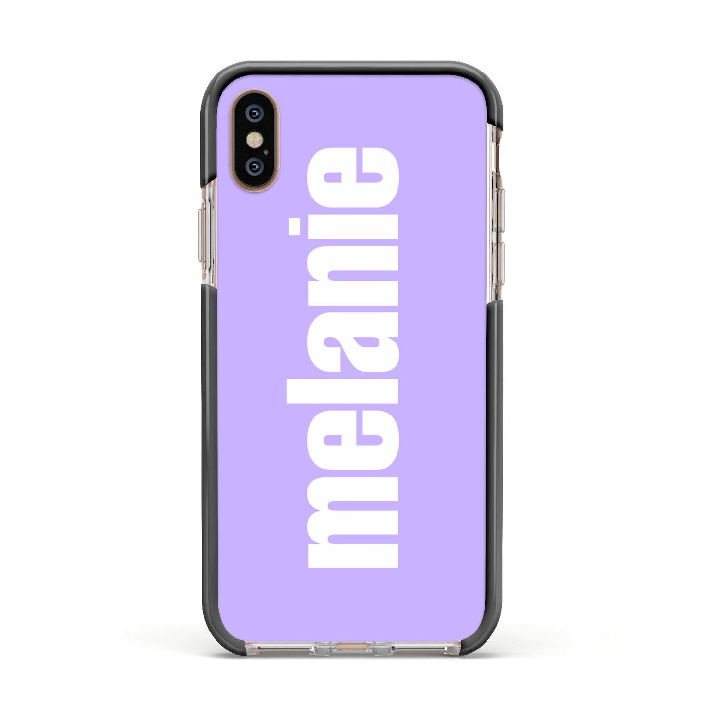 Personalised Purple Name Apple iPhone Xs Impact Case Black Edge on Gold Phone