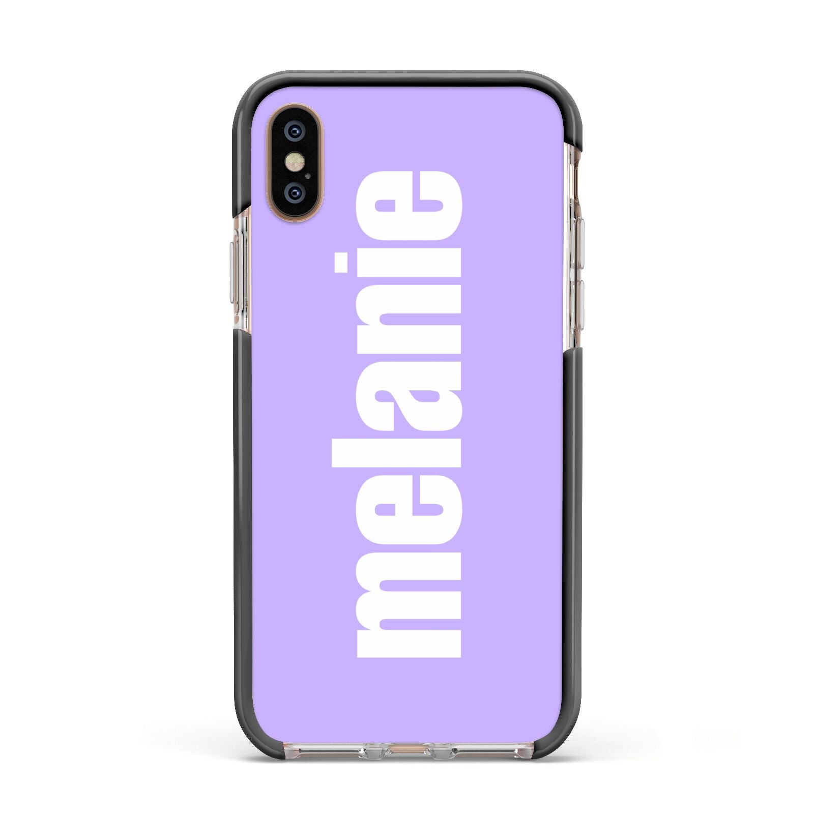 Personalised Purple Name Apple iPhone Xs Impact Case Black Edge on Gold Phone