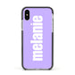 Personalised Purple Name Apple iPhone Xs Impact Case Black Edge on Silver Phone