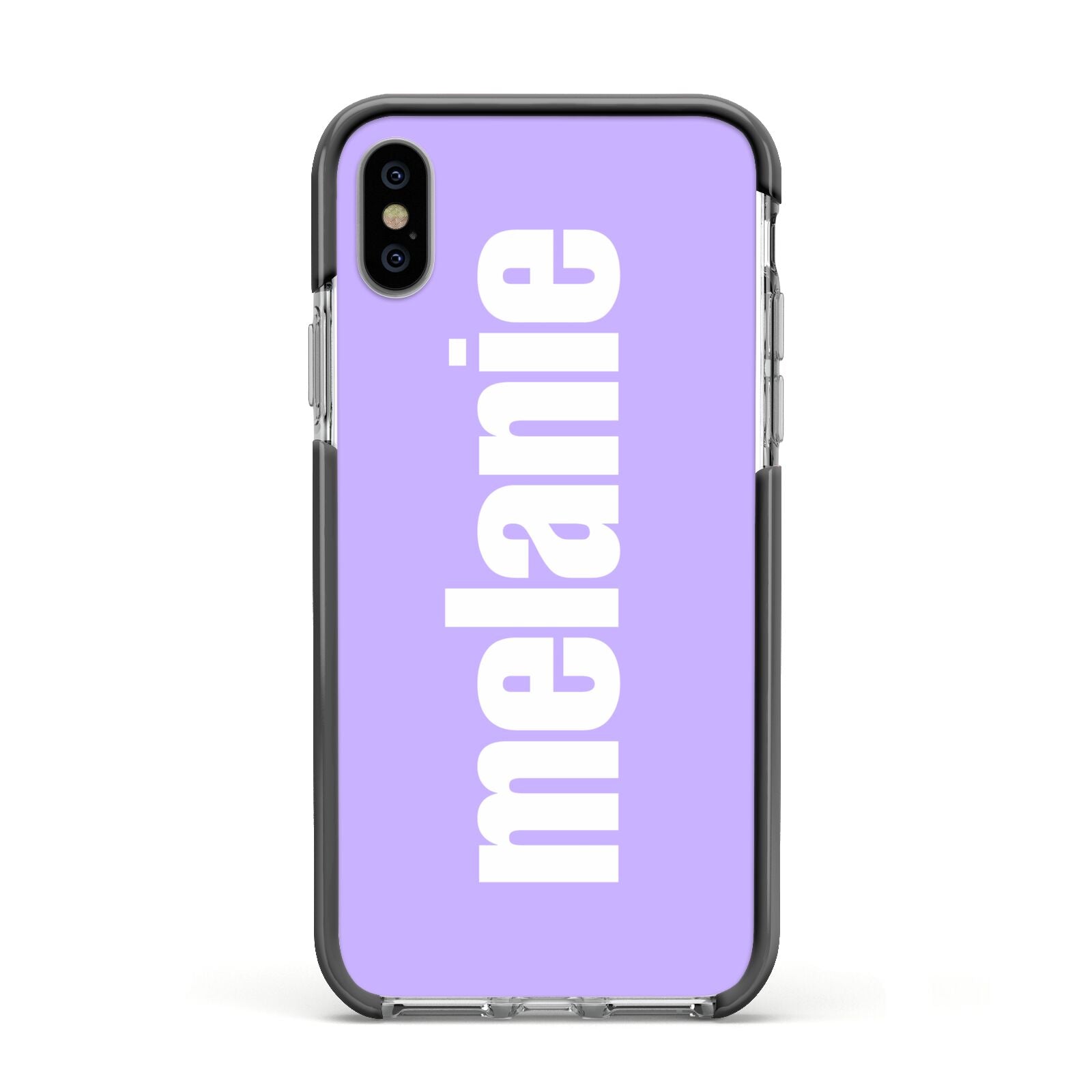 Personalised Purple Name Apple iPhone Xs Impact Case Black Edge on Silver Phone