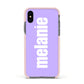 Personalised Purple Name Apple iPhone Xs Impact Case Pink Edge on Black Phone