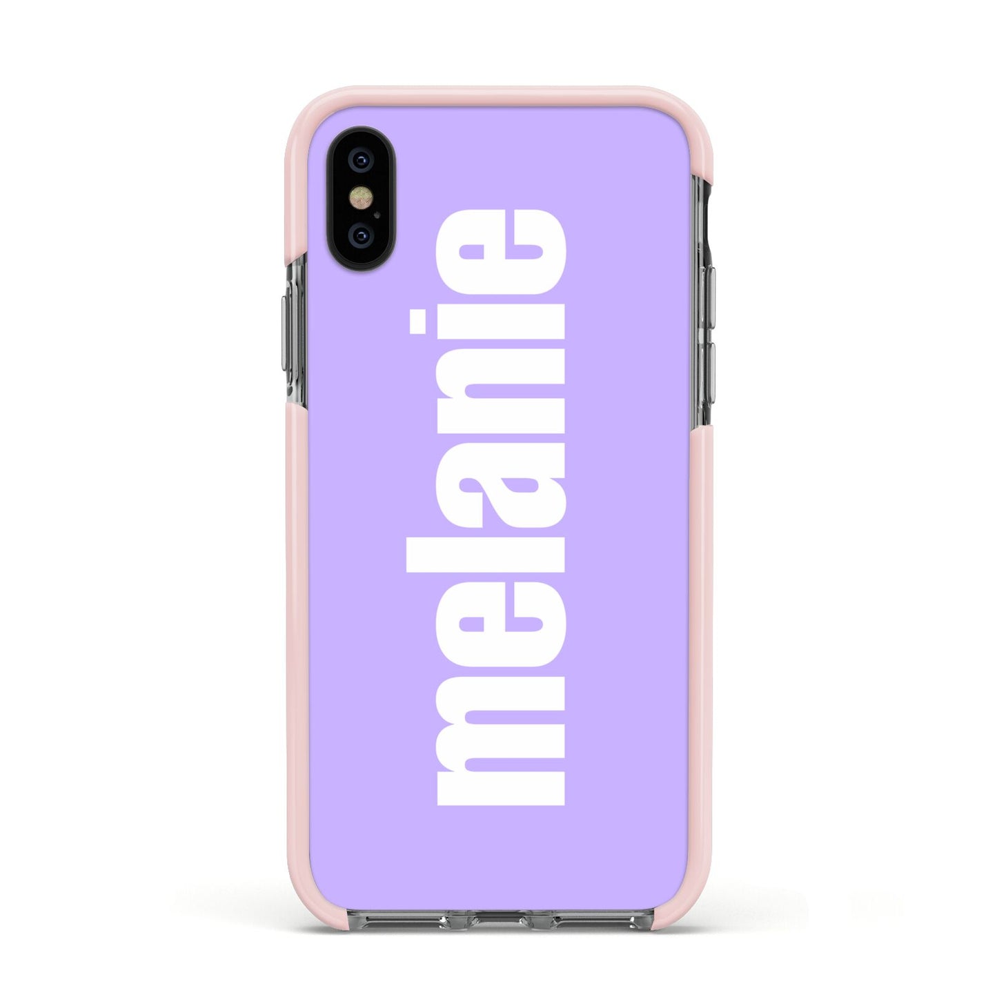 Personalised Purple Name Apple iPhone Xs Impact Case Pink Edge on Black Phone