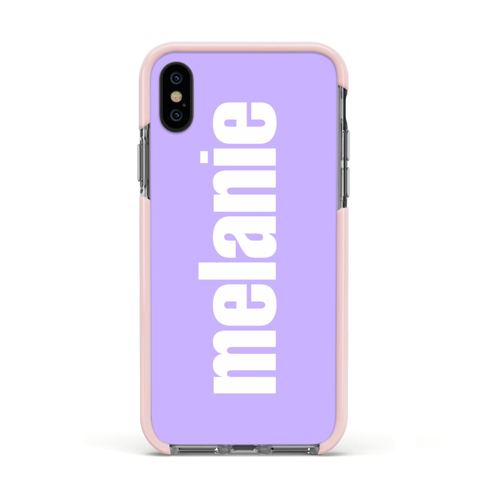 Personalised Purple Name Apple iPhone Xs Impact Case Pink Edge on Black Phone