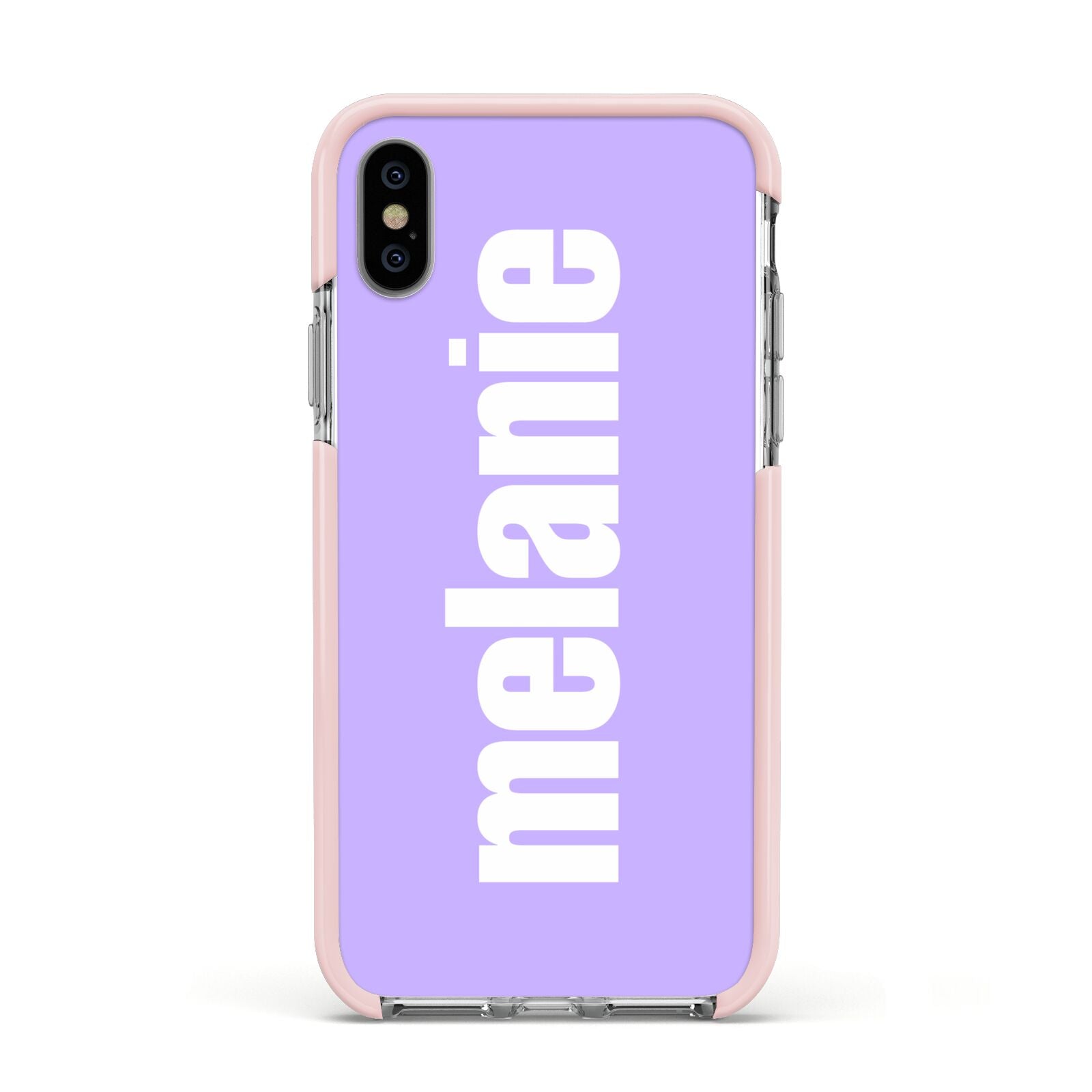 Personalised Purple Name Apple iPhone Xs Impact Case Pink Edge on Silver Phone