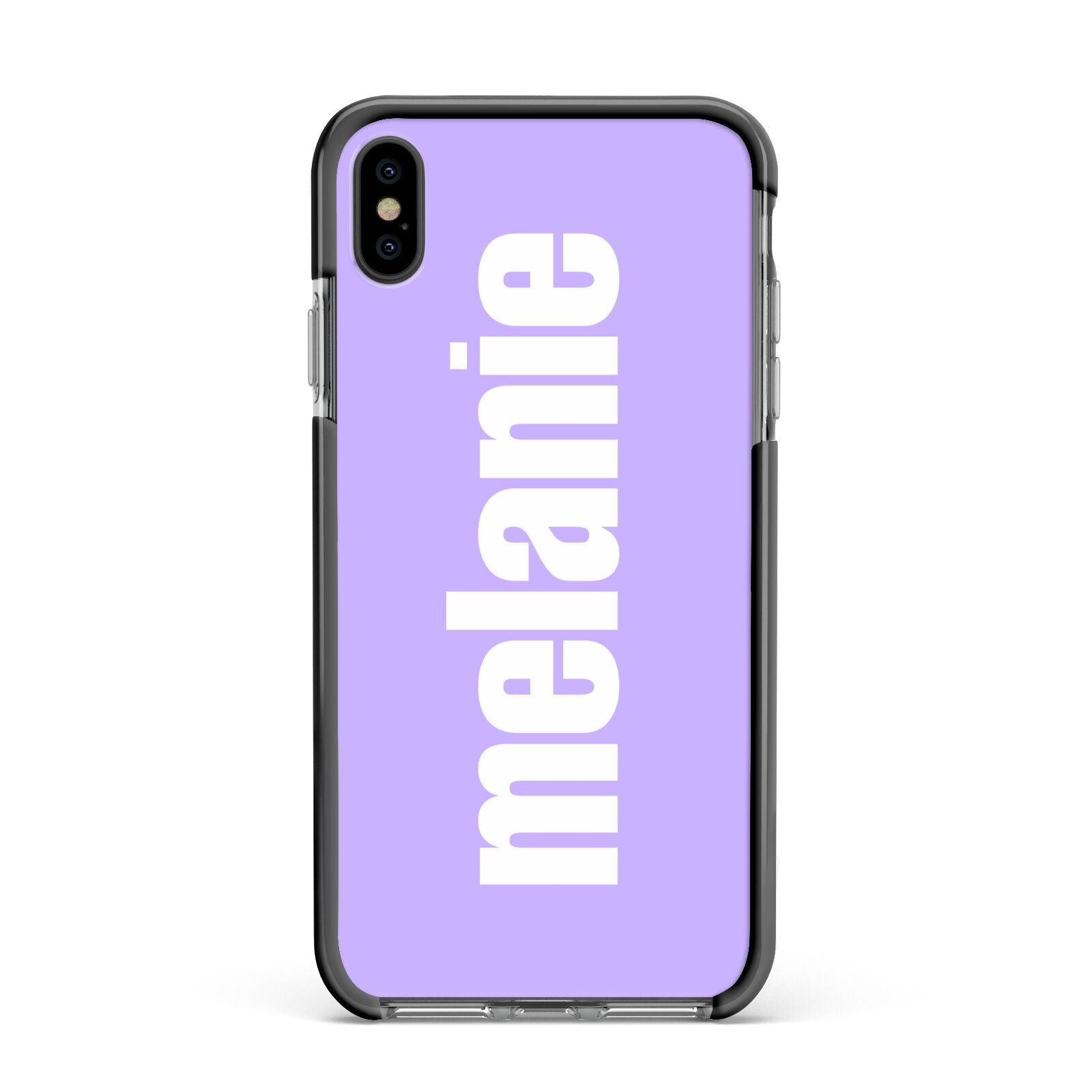 Personalised Purple Name Apple iPhone Xs Max Impact Case Black Edge on Black Phone