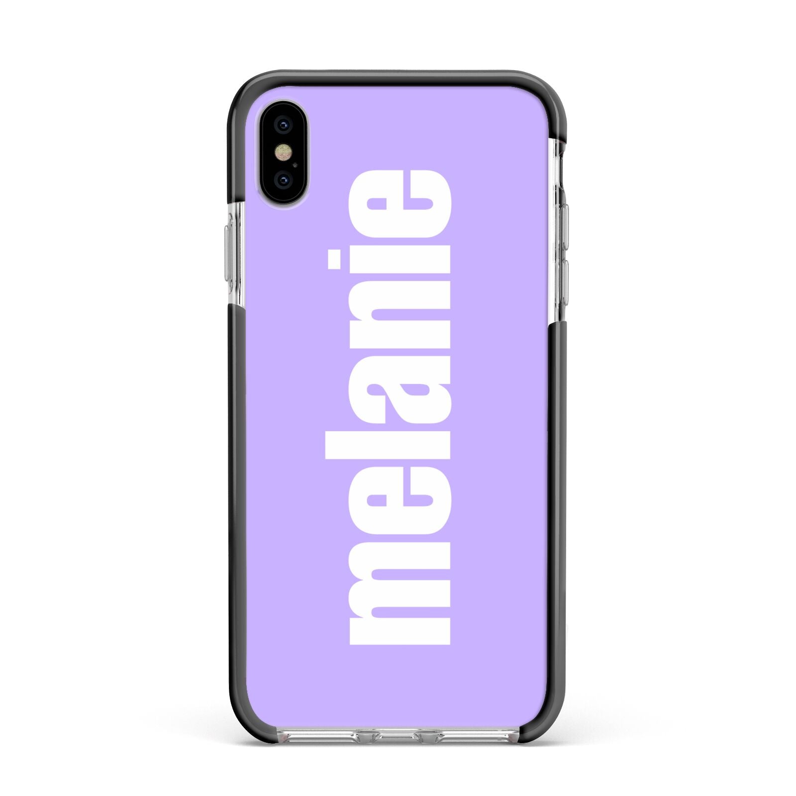 Personalised Purple Name Apple iPhone Xs Max Impact Case Black Edge on Silver Phone