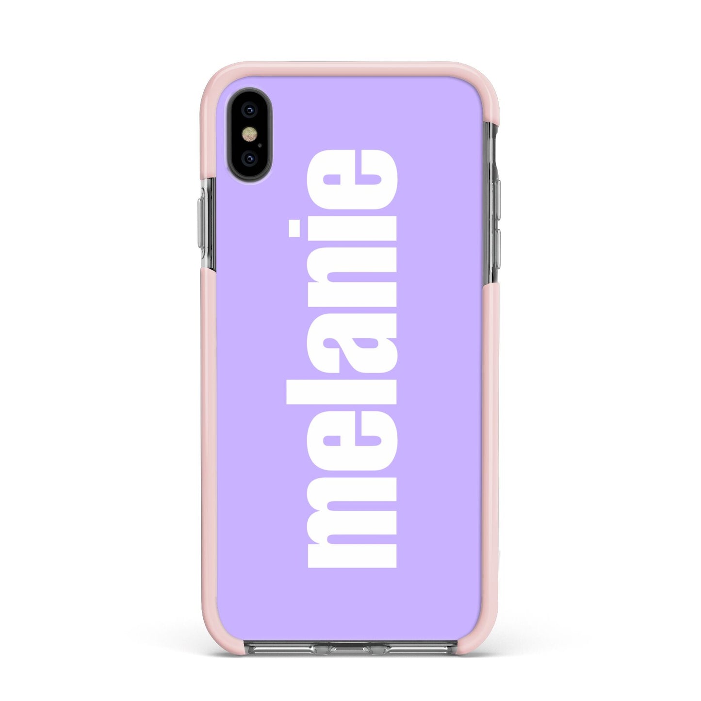 Personalised Purple Name Apple iPhone Xs Max Impact Case Pink Edge on Black Phone