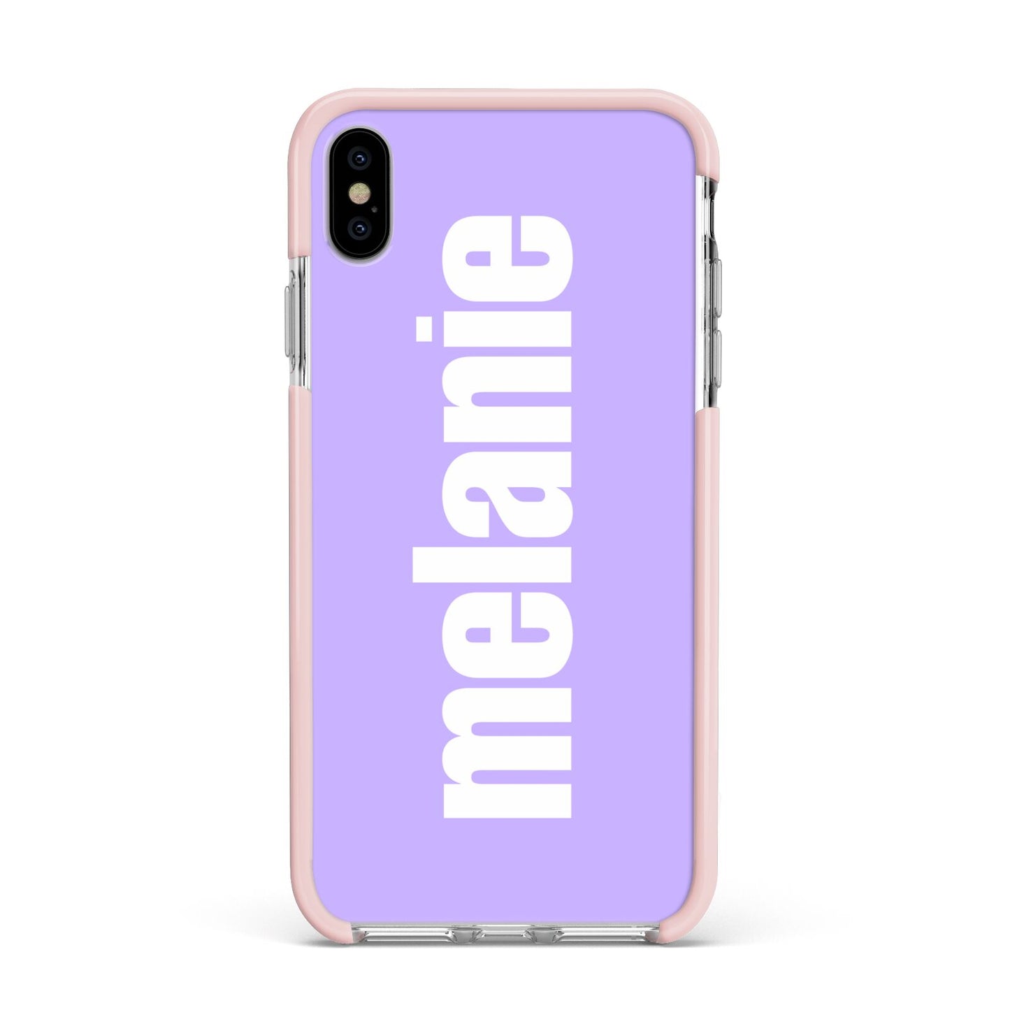 Personalised Purple Name Apple iPhone Xs Max Impact Case Pink Edge on Silver Phone