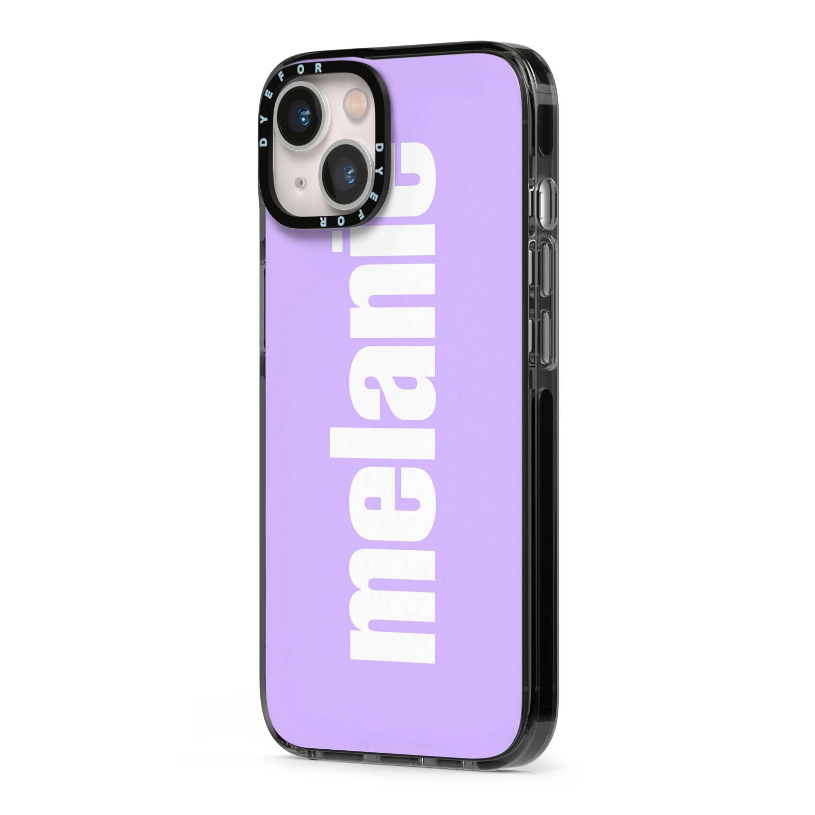 Personalised Purple Name iPhone 13 Black Impact Case Side Angle on Silver phone