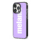 Personalised Purple Name iPhone 13 Pro Black Impact Case Side Angle on Silver phone