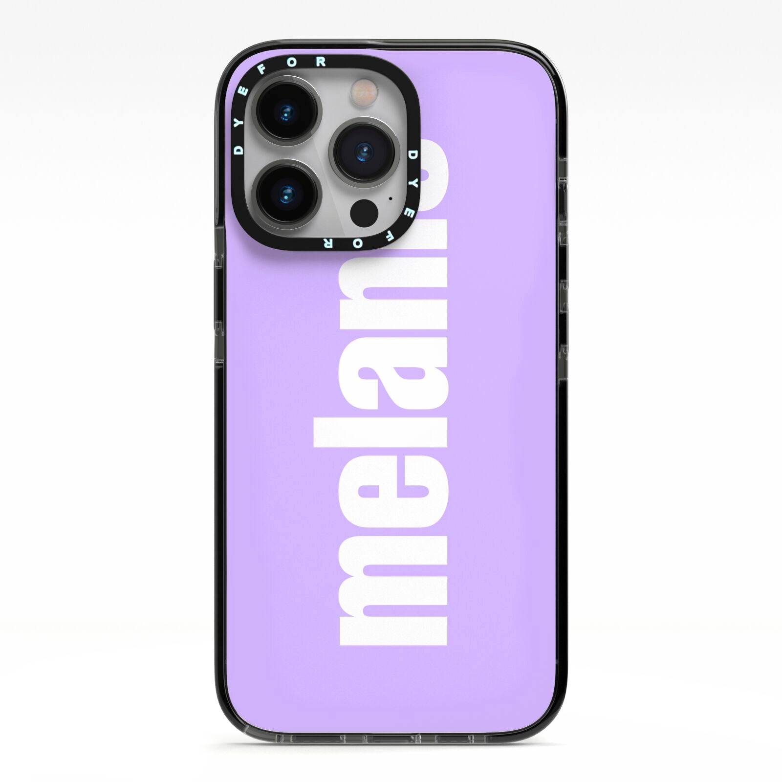 Personalised Purple Name iPhone 13 Pro Black Impact Case on Silver phone
