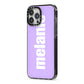 Personalised Purple Name iPhone 13 Pro Max Black Impact Case Side Angle on Silver phone