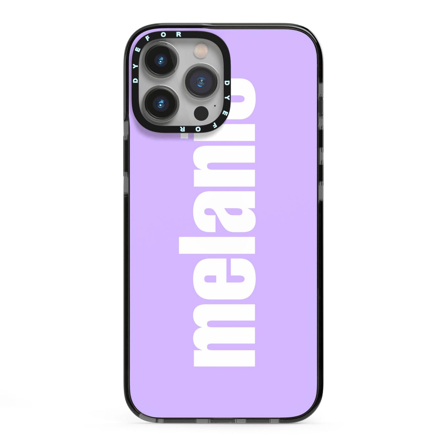 Personalised Purple Name iPhone 13 Pro Max Black Impact Case on Silver phone