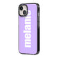 Personalised Purple Name iPhone 14 Black Impact Case Side Angle on Silver phone