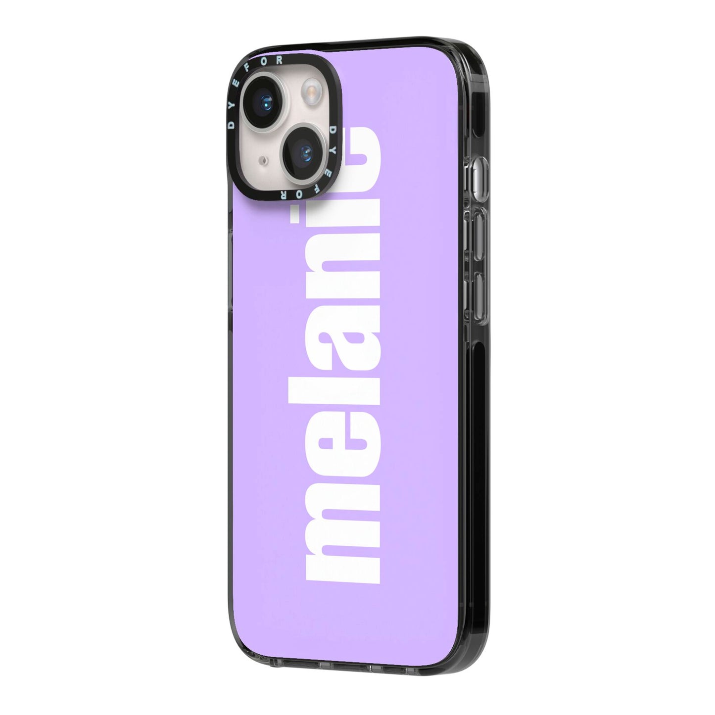 Personalised Purple Name iPhone 14 Black Impact Case Side Angle on Silver phone
