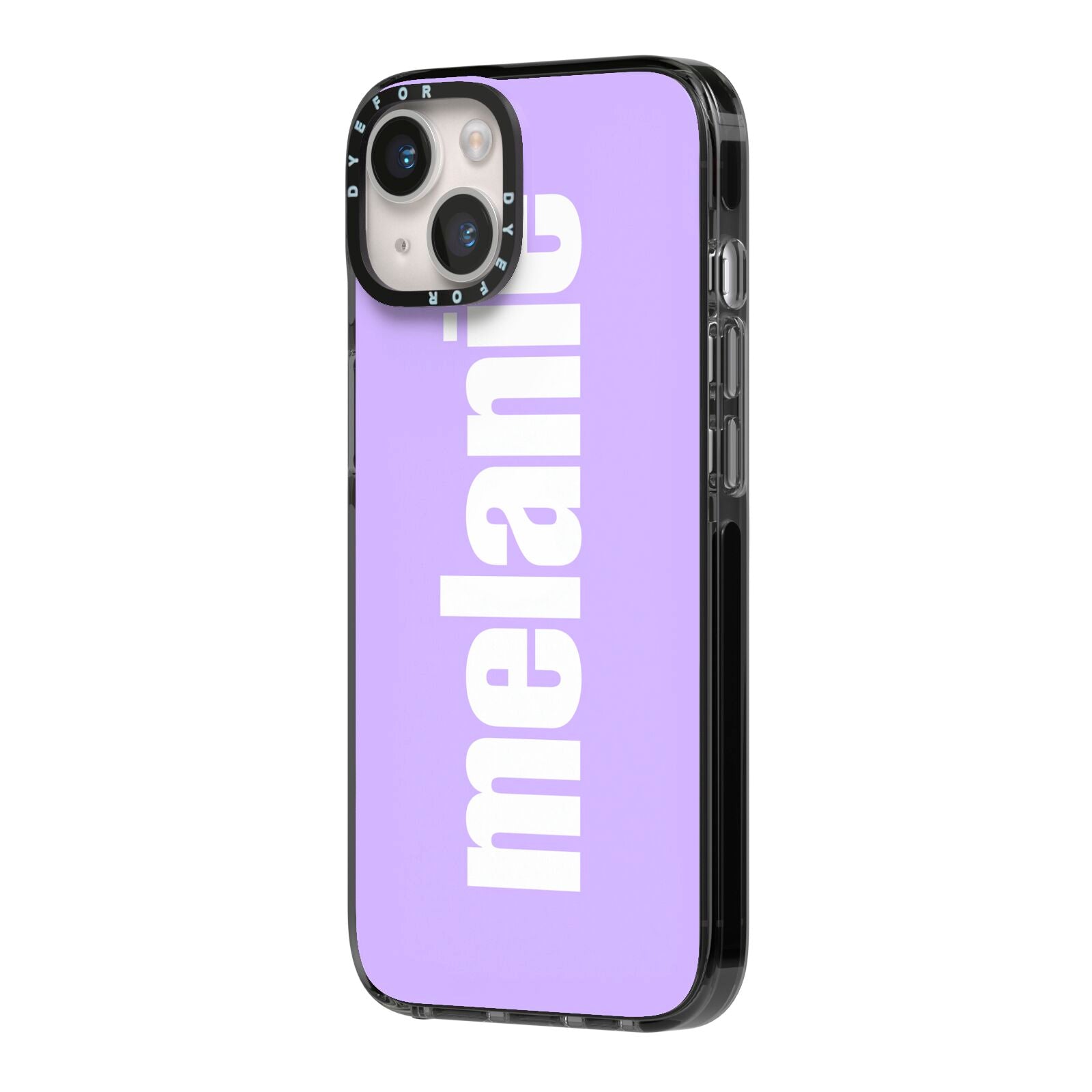 Personalised Purple Name iPhone 14 Black Impact Case Side Angle on Silver phone