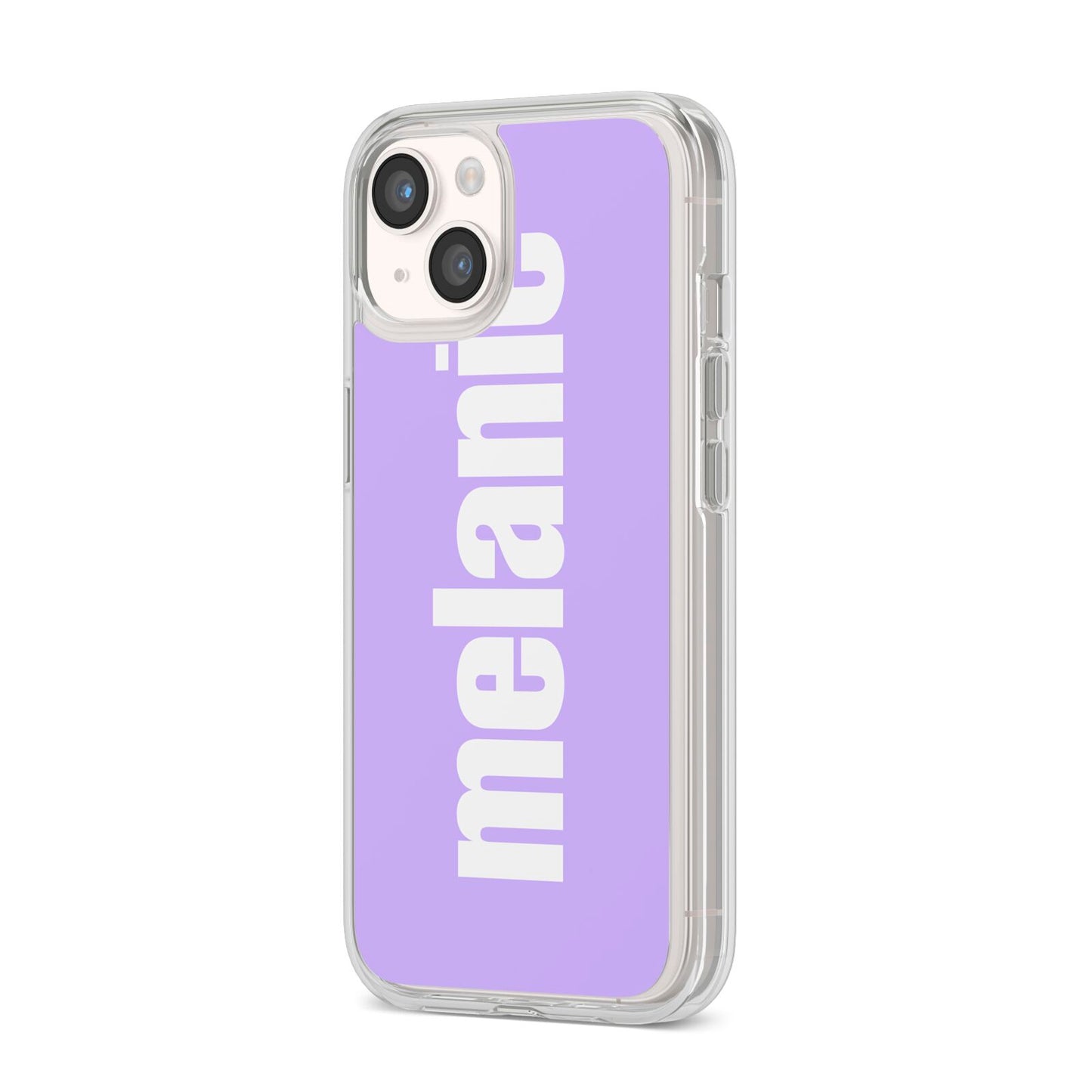 Personalised Purple Name iPhone 14 Clear Tough Case Starlight Angled Image