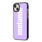 Personalised Purple Name iPhone 14 Plus Black Impact Case Side Angle on Silver phone