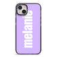 Personalised Purple Name iPhone 14 Plus Black Impact Case on Silver phone