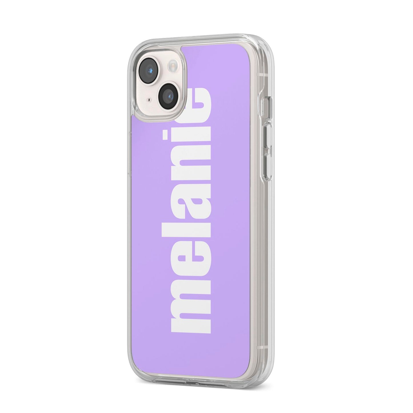 Personalised Purple Name iPhone 14 Plus Clear Tough Case Starlight Angled Image