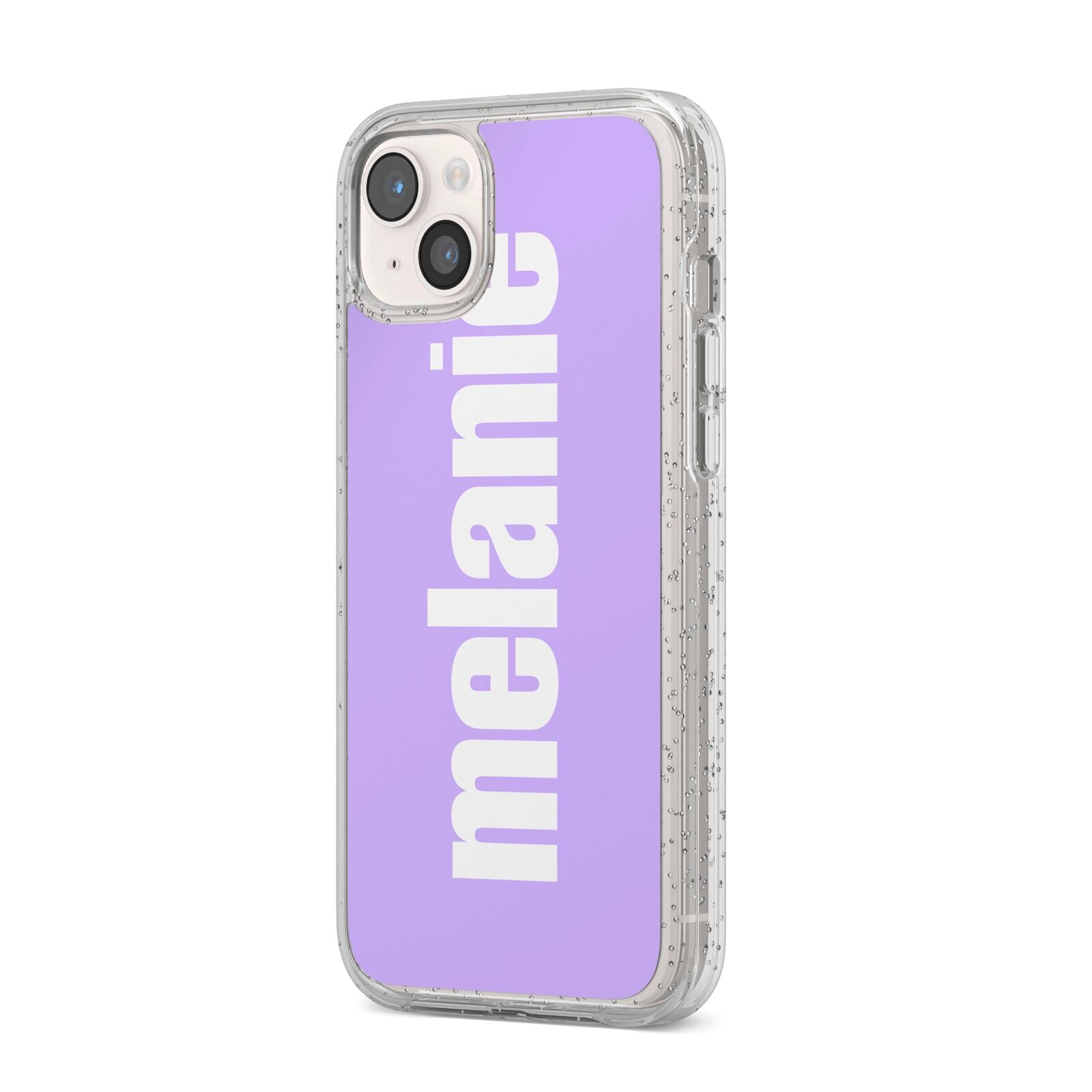 Personalised Purple Name iPhone 14 Plus Glitter Tough Case Starlight Angled Image