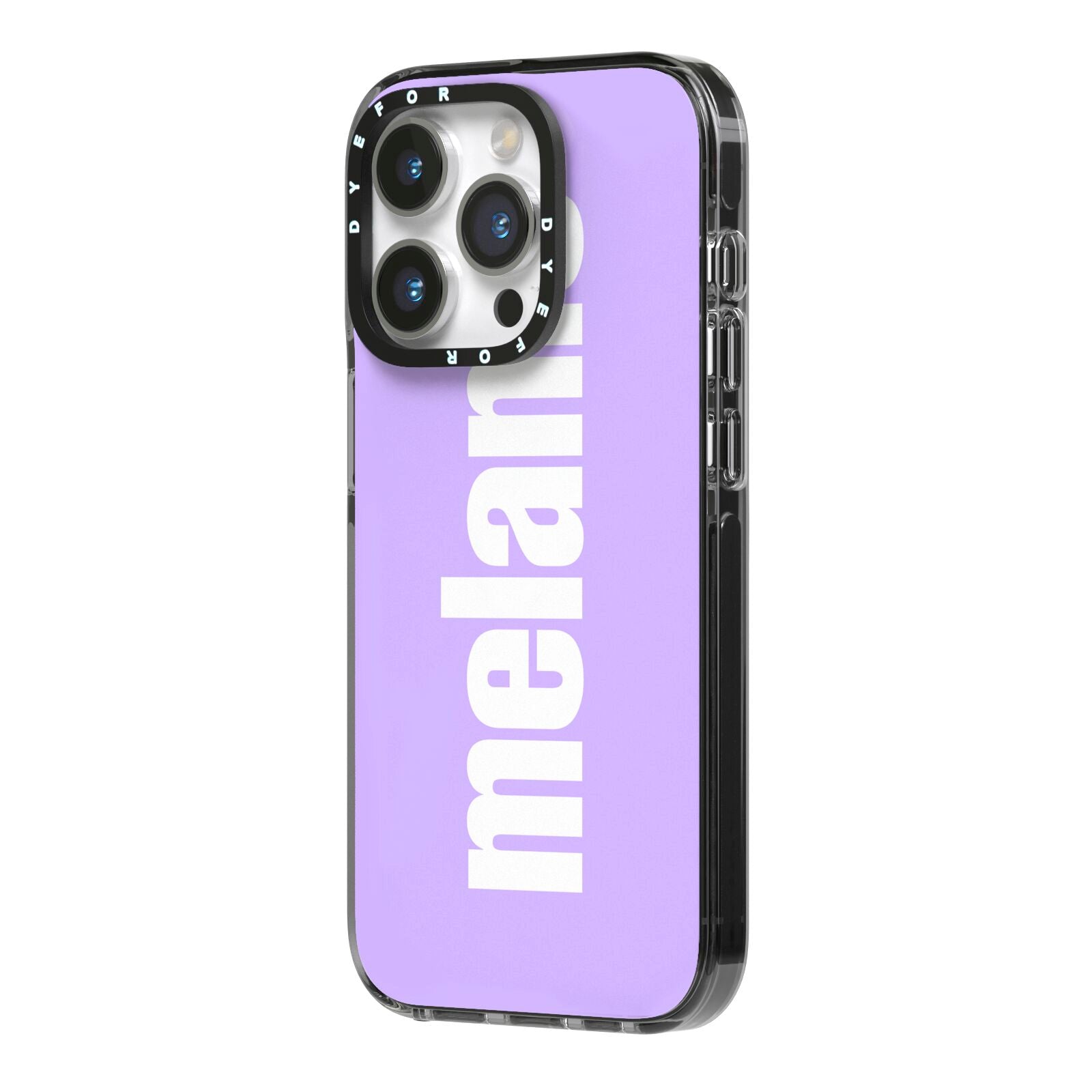 Personalised Purple Name iPhone 14 Pro Black Impact Case Side Angle on Silver phone