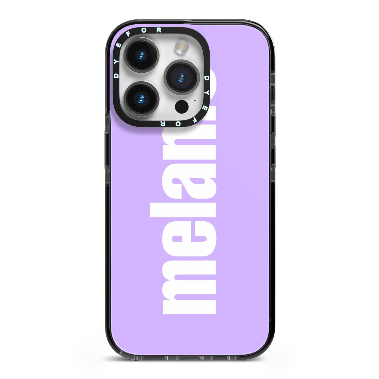 Personalised Purple Name iPhone 14 Pro Black Impact Case on Silver phone