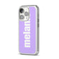 Personalised Purple Name iPhone 14 Pro Clear Tough Case Silver Angled Image