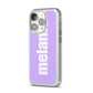 Personalised Purple Name iPhone 14 Pro Clear Tough Case Silver Angled Image