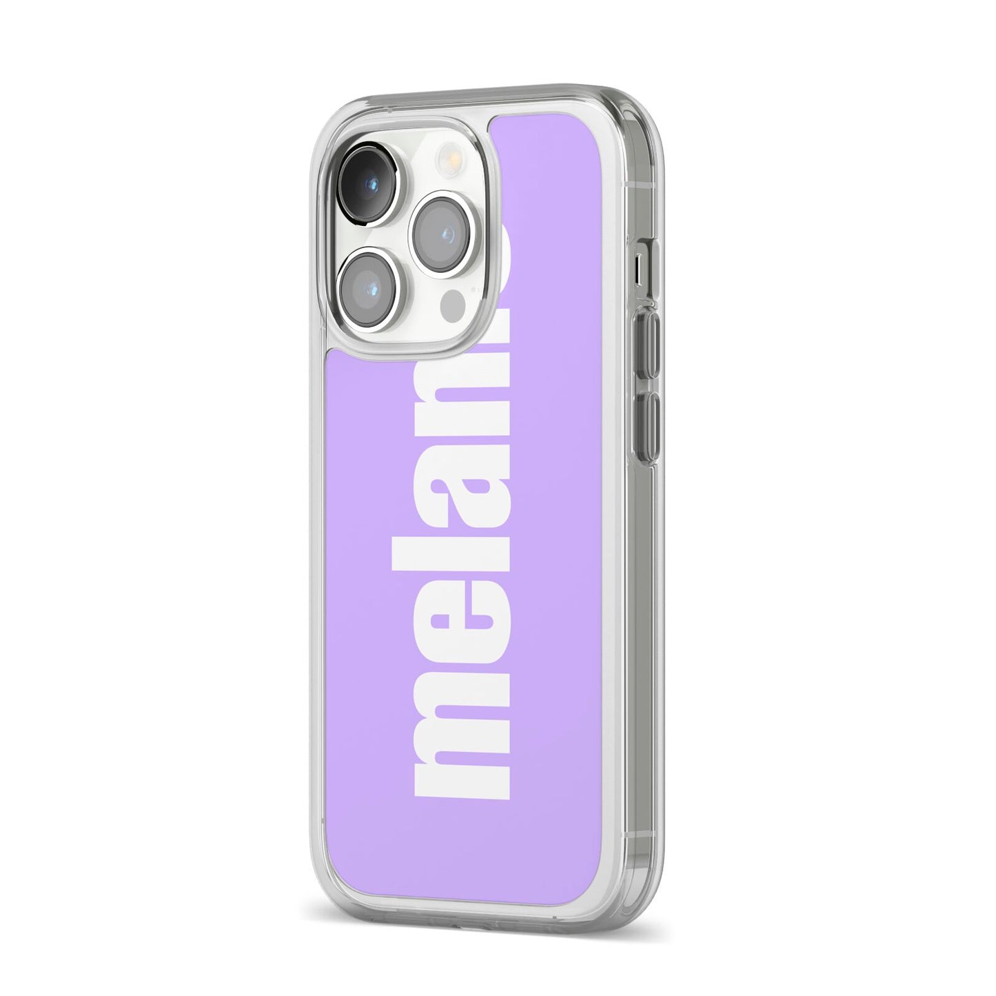 Personalised Purple Name iPhone 14 Pro Clear Tough Case Silver Angled Image