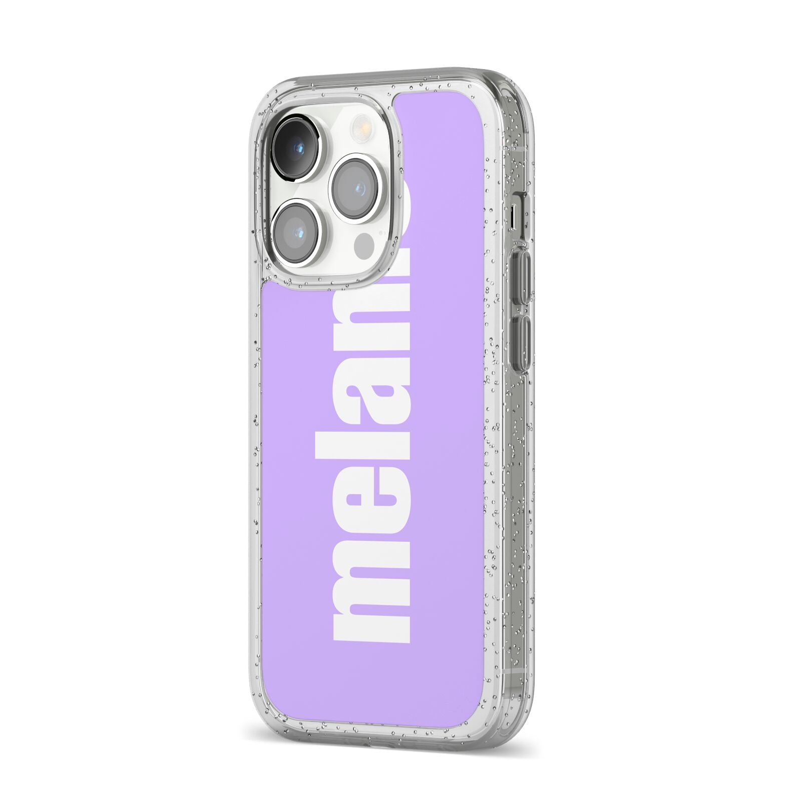 Personalised Purple Name iPhone 14 Pro Glitter Tough Case Silver Angled Image
