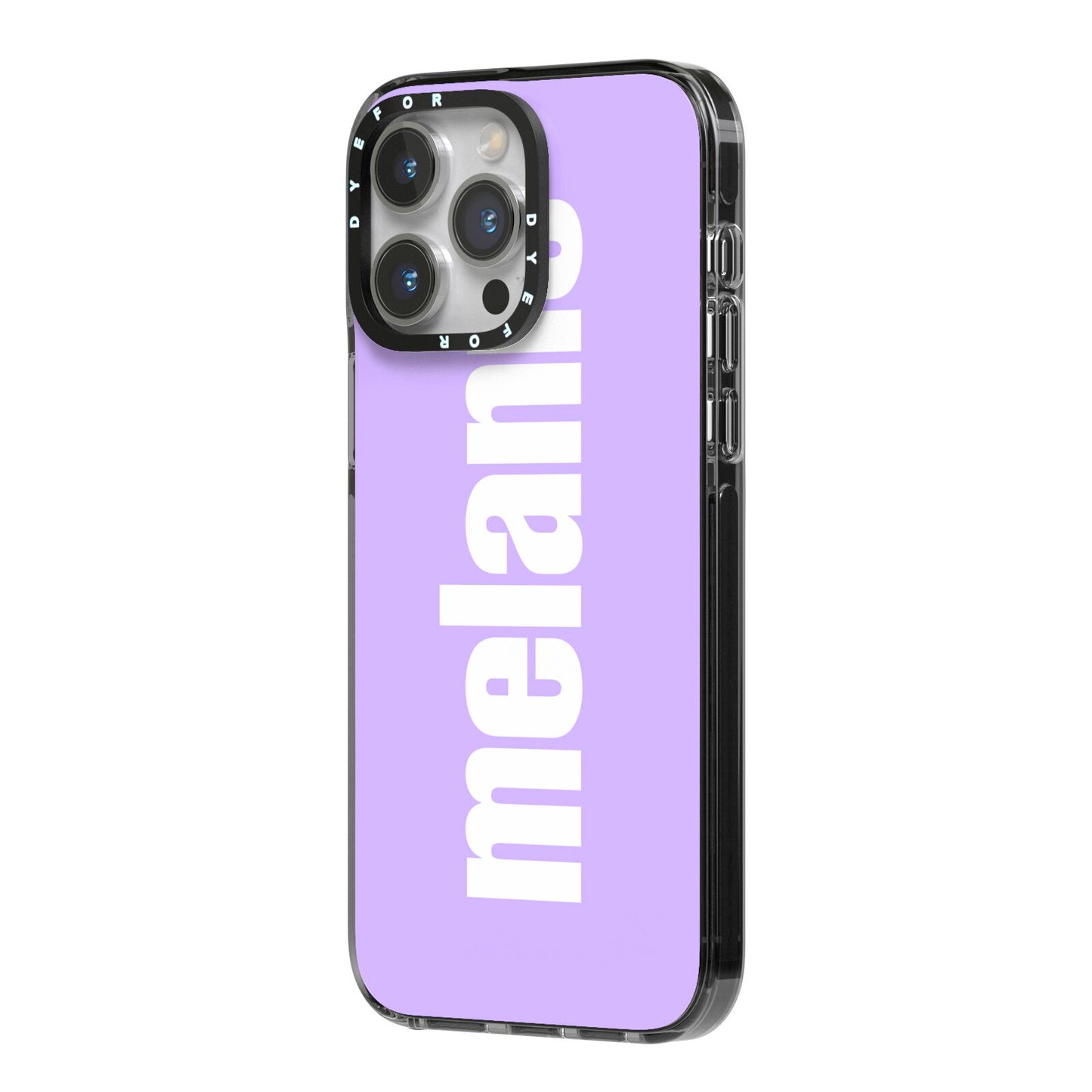 Personalised Purple Name iPhone 14 Pro Max Black Impact Case Side Angle on Silver phone