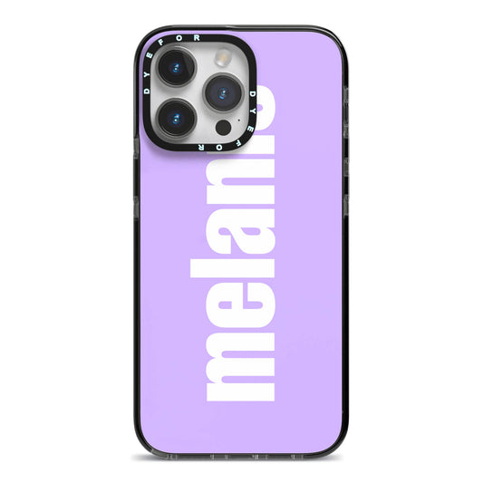 Personalised Purple Name iPhone 14 Pro Max Black Impact Case on Silver phone