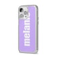 Personalised Purple Name iPhone 14 Pro Max Clear Tough Case Silver Angled Image