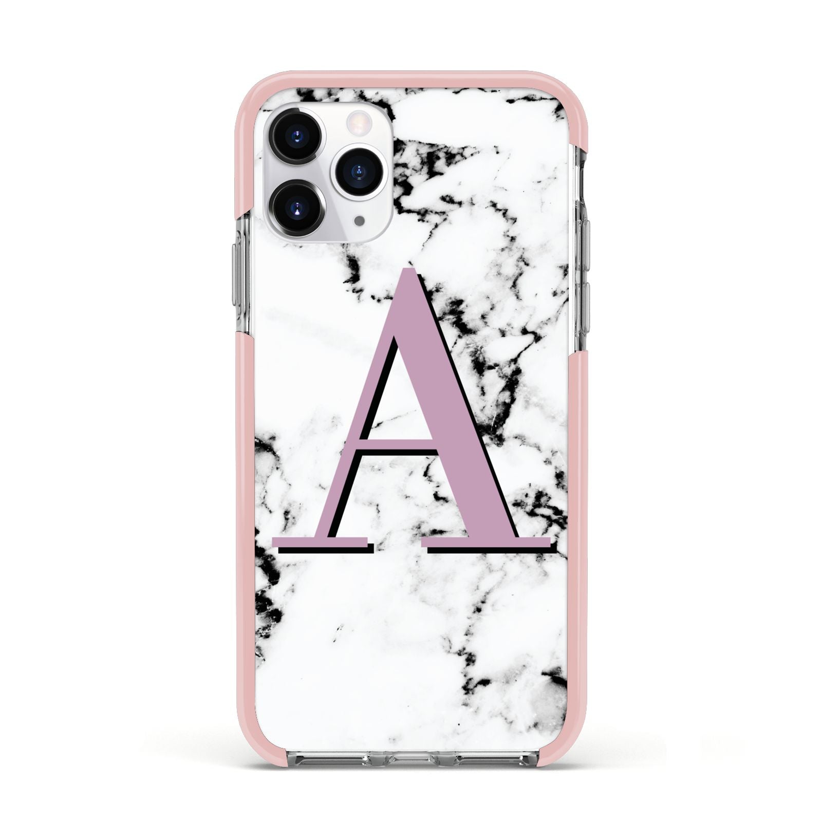 Personalised Purple Single Initial Marble Apple iPhone 11 Pro in Silver with Pink Impact Case