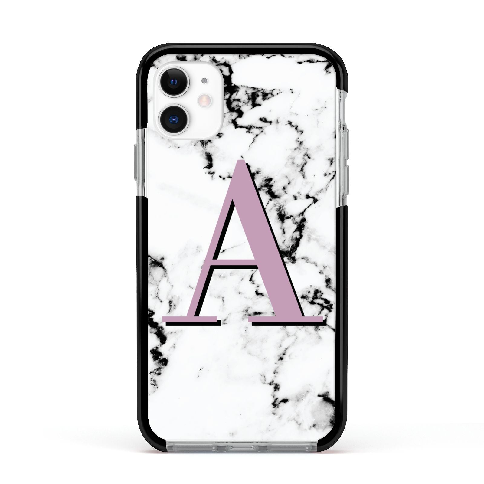 Personalised Purple Single Initial Marble Apple iPhone 11 in White with Black Impact Case