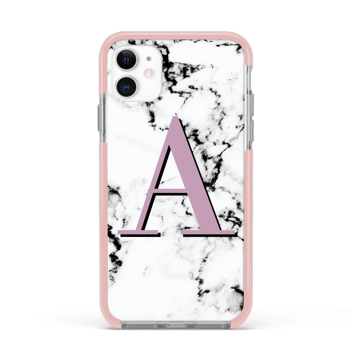 Personalised Purple Single Initial Marble Apple iPhone 11 in White with Pink Impact Case