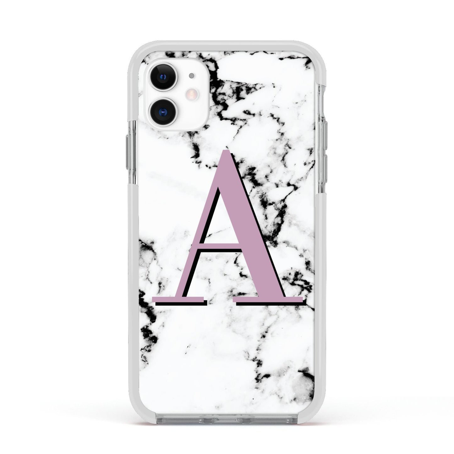 Personalised Purple Single Initial Marble Apple iPhone 11 in White with White Impact Case
