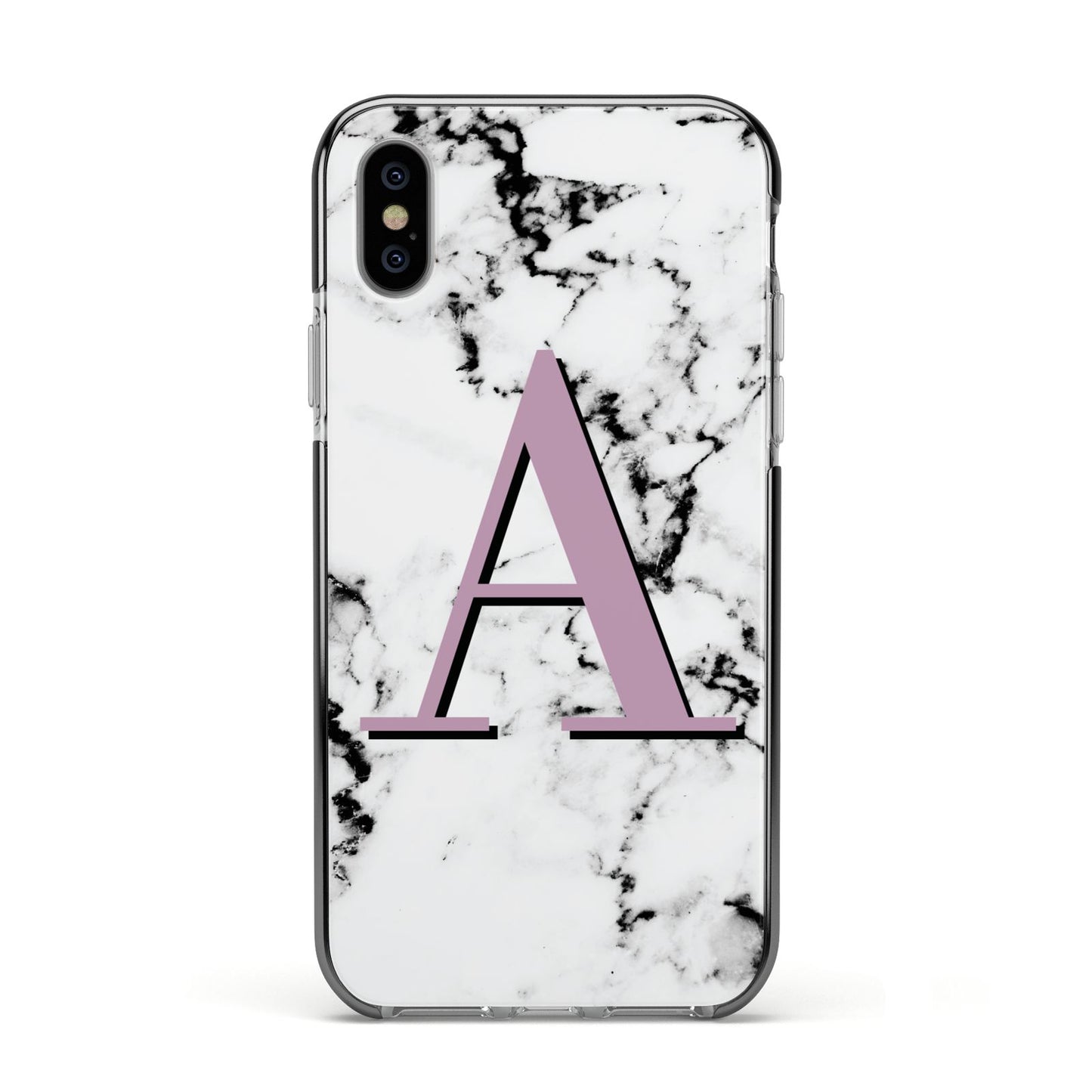 Personalised Purple Single Initial Marble Apple iPhone Xs Impact Case Black Edge on Silver Phone