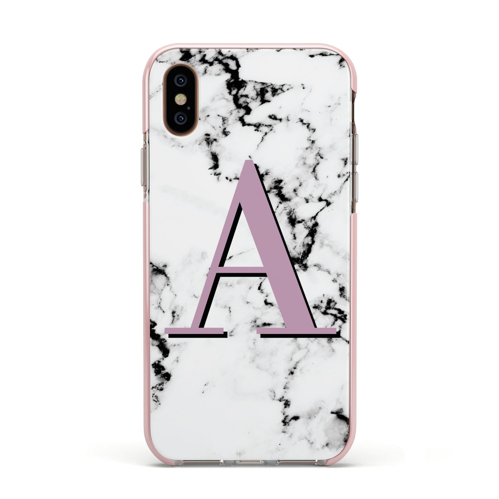Personalised Purple Single Initial Marble Apple iPhone Xs Impact Case Pink Edge on Gold Phone