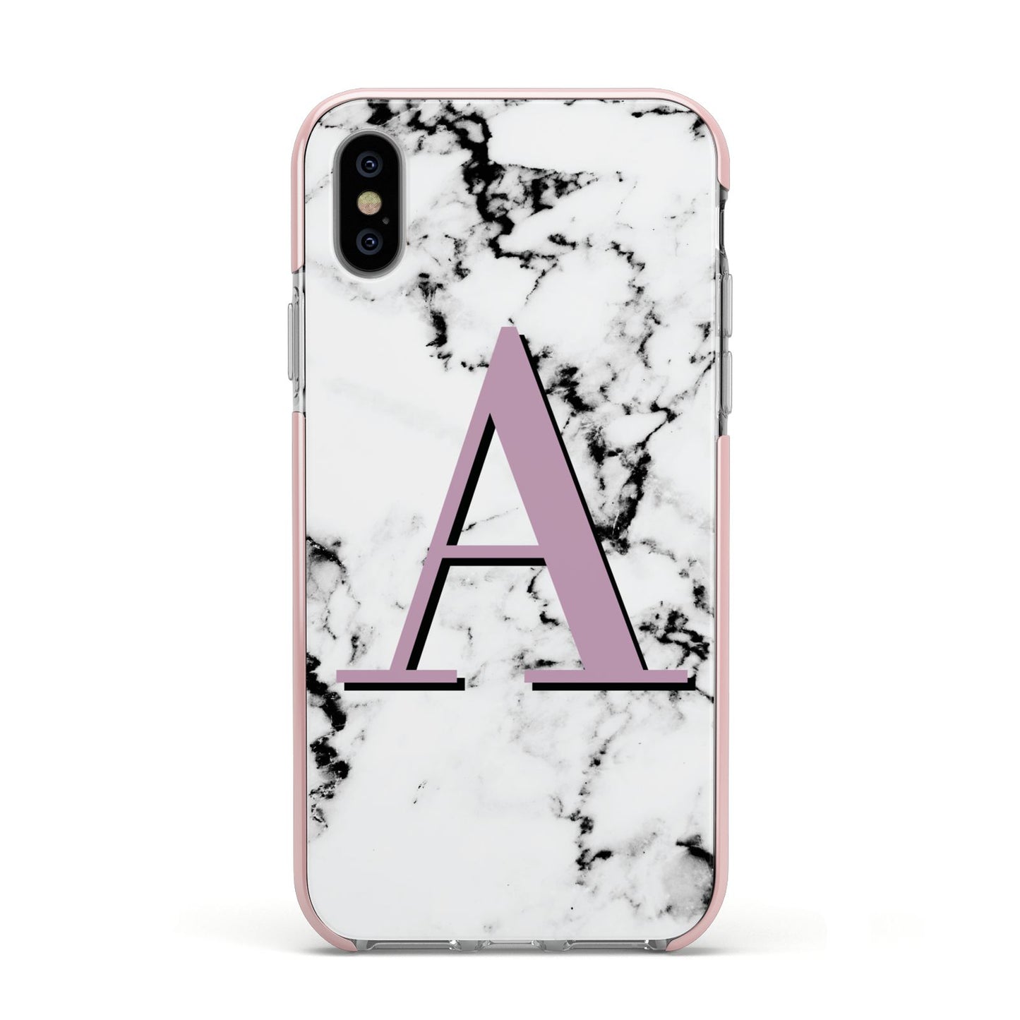 Personalised Purple Single Initial Marble Apple iPhone Xs Impact Case Pink Edge on Silver Phone