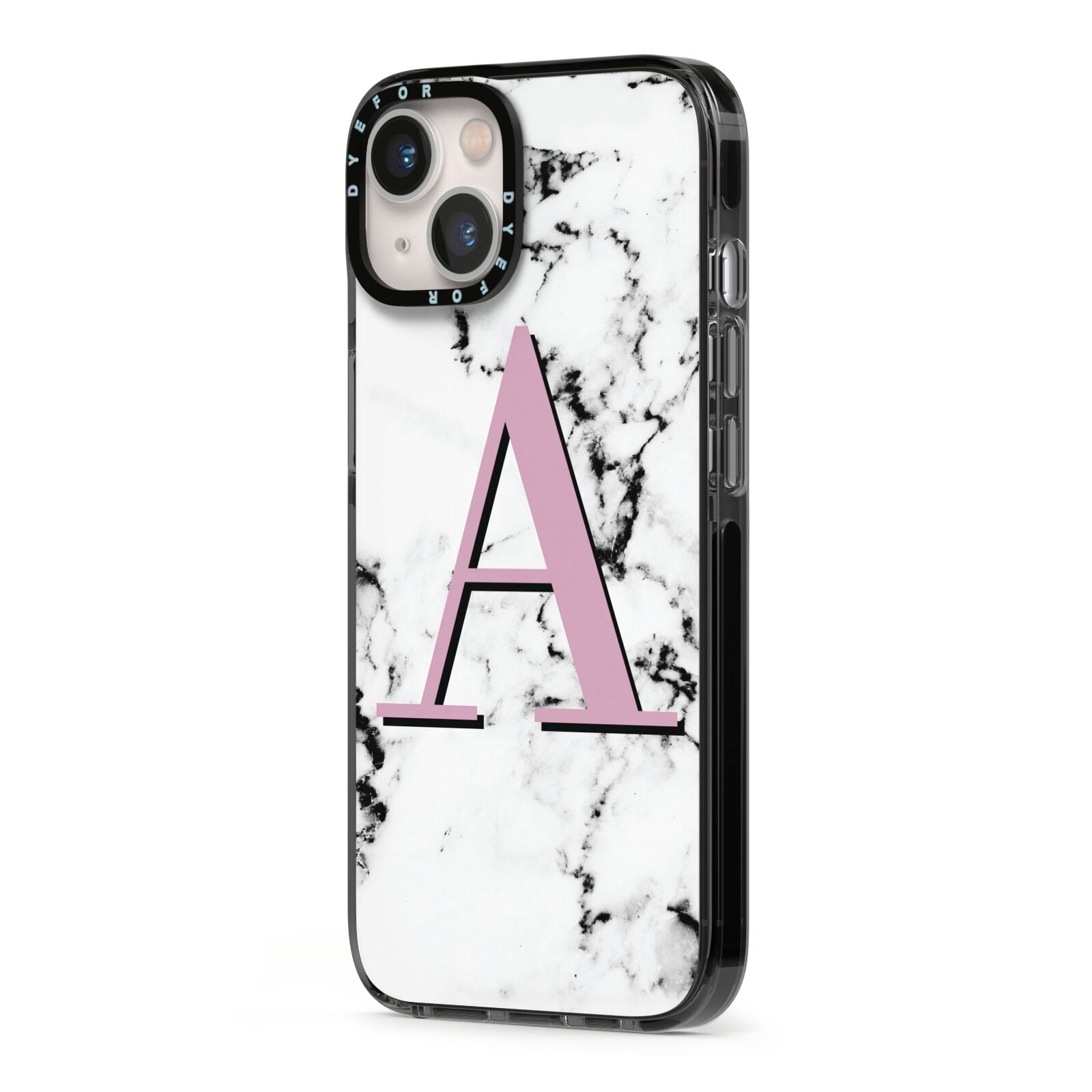 Personalised Purple Single Initial Marble iPhone 13 Black Impact Case Side Angle on Silver phone