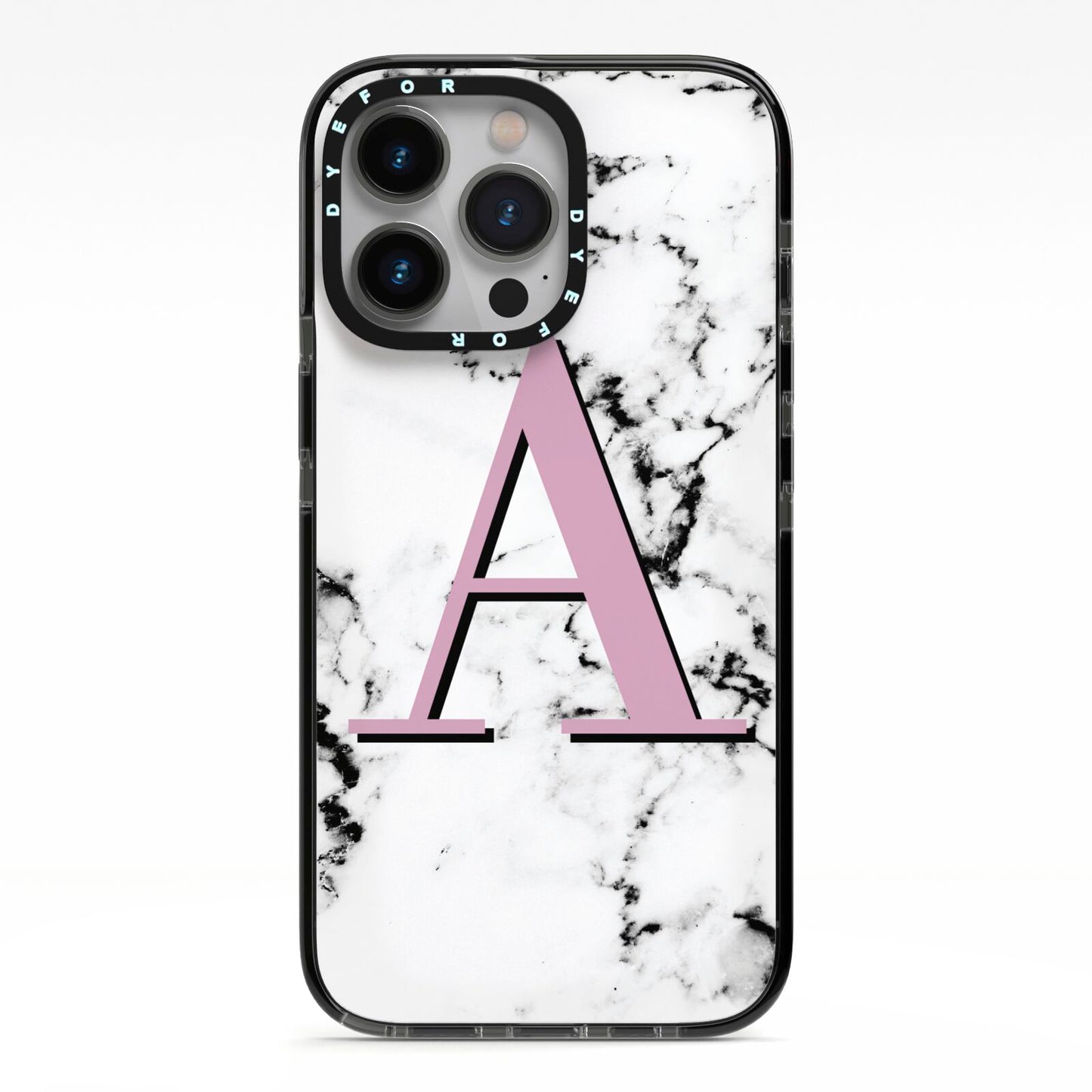 Personalised Purple Single Initial Marble iPhone 13 Pro Black Impact Case on Silver phone