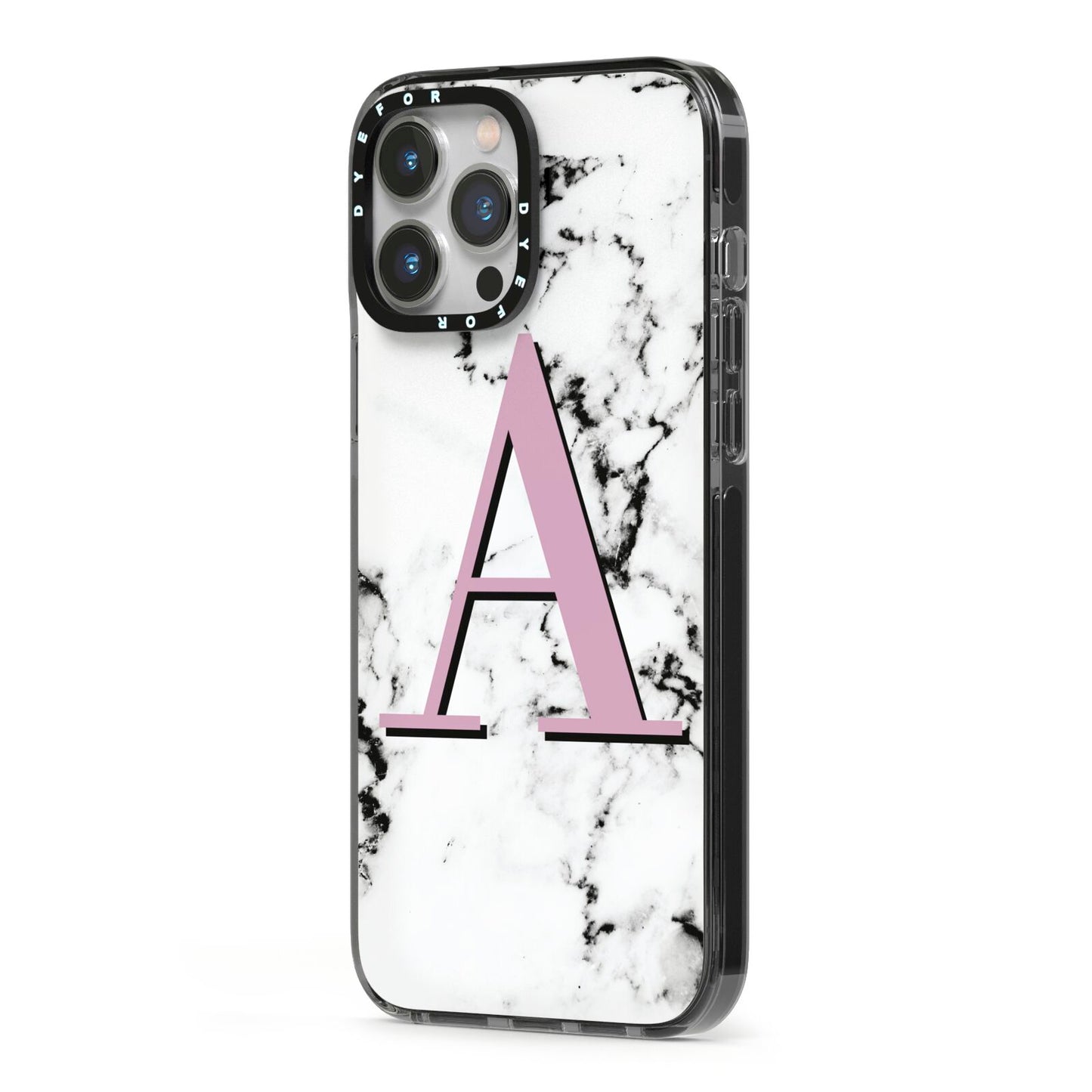 Personalised Purple Single Initial Marble iPhone 13 Pro Max Black Impact Case Side Angle on Silver phone