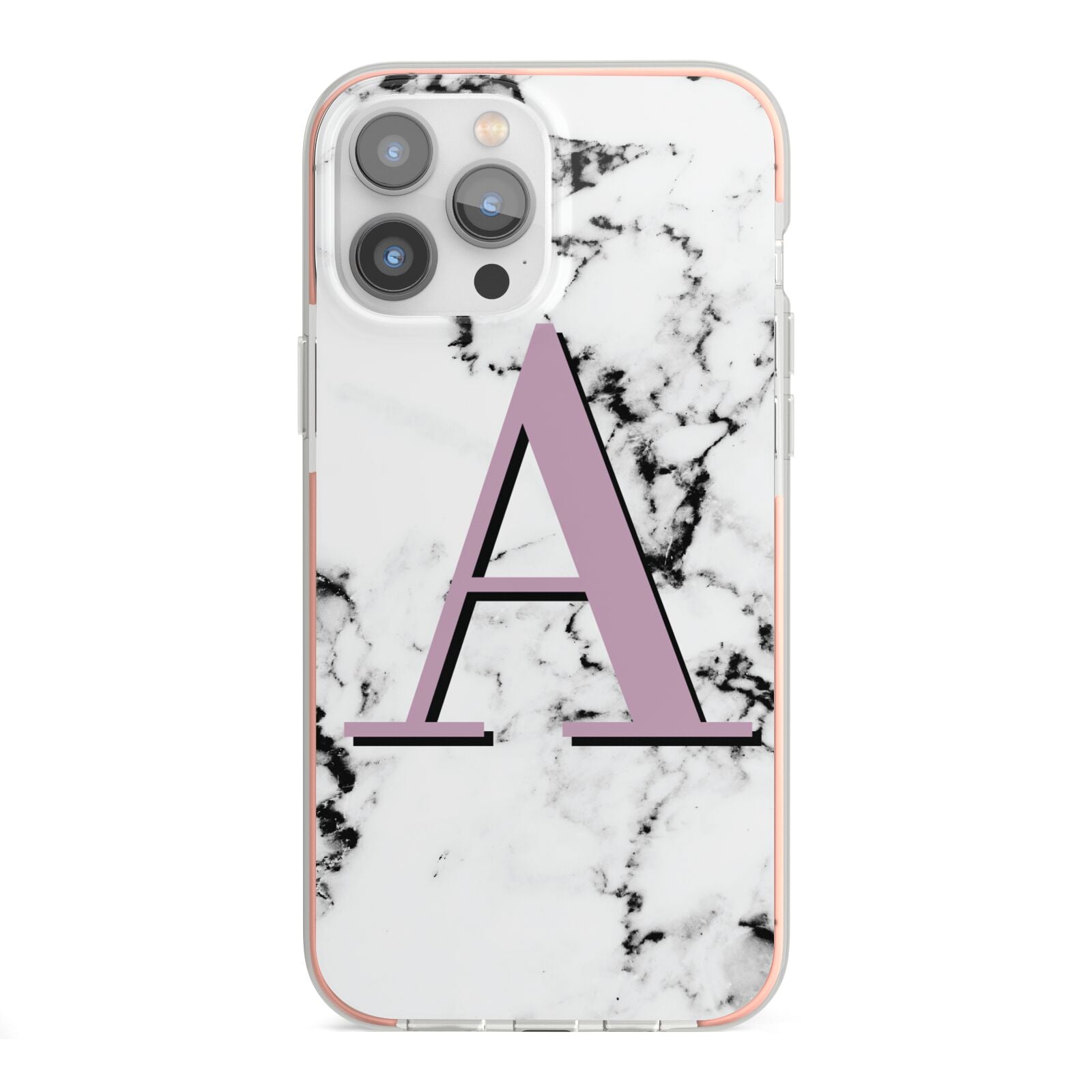 Personalised Purple Single Initial Marble iPhone 13 Pro Max TPU Impact Case with Pink Edges